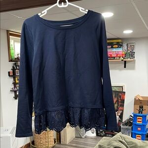 Navy Blue Lace Hem Women's Top